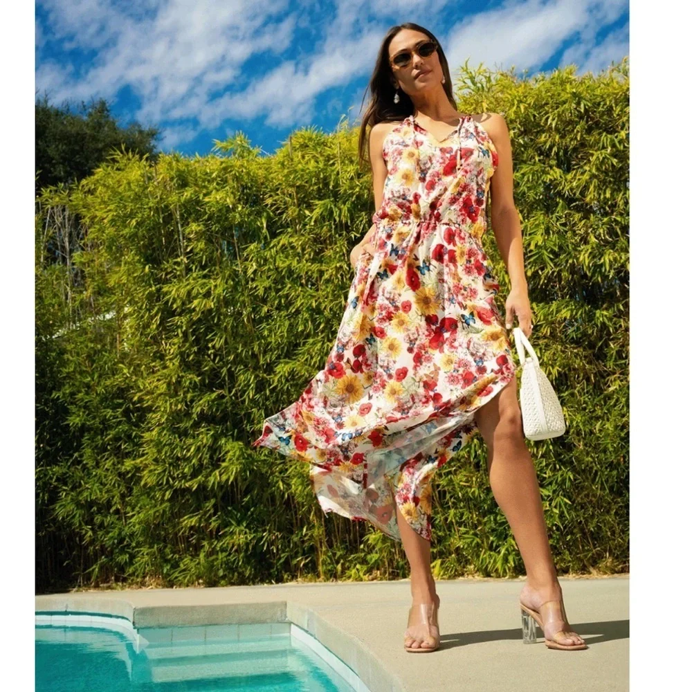 Draya x Valerie Perez Floral Maxi Dress Size M Halter Drawstring EUC